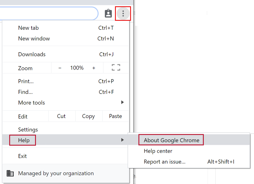 A captura de tela mostra as etapas para verificar a versão do Chrome.