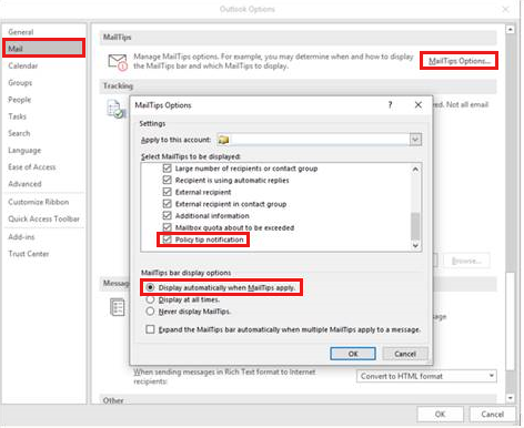 Captura de tela das etapas que habilitam o MailTips no Outlook.