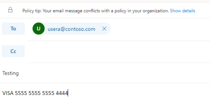 Captura de tela de um exemplo de trabalho de dica de política DLP ao enviar uma mensagem de email.