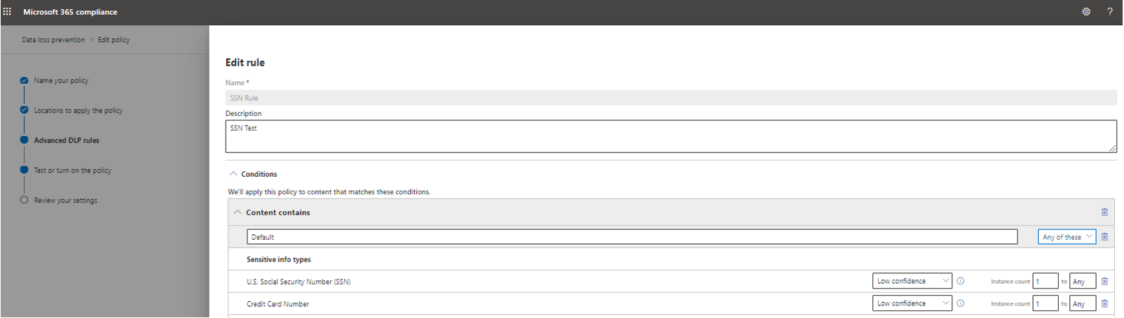 Captura de tela da regra SSN configurada para ter a detecção com base em tipos de informações confidenciais.