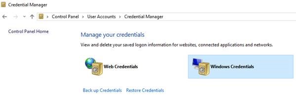 Captura de tela para remover as credenciais na janela do Credential Manager.