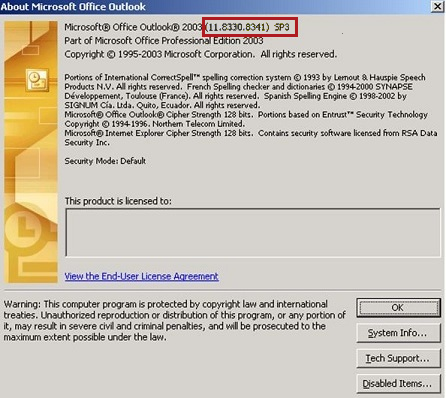 Captura de tela mostra o número de com build na caixa de diálogo Sobre Microsoft Office Outlook.