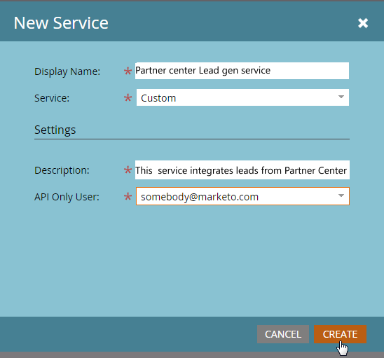 Captura de tela mostrando o novo formulário de serviço da API do Marketo