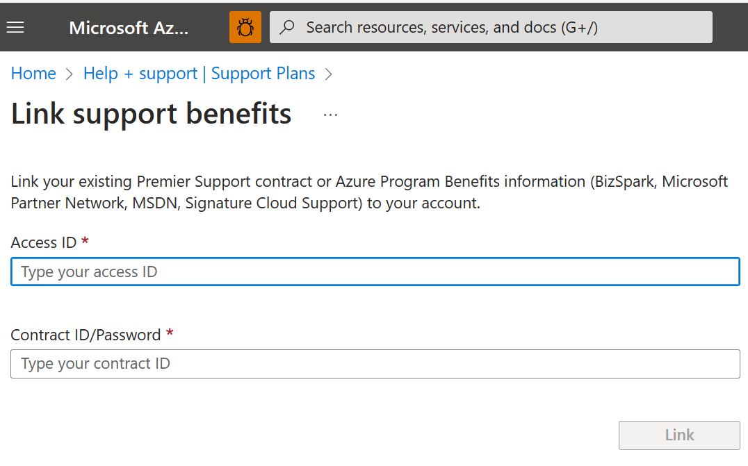 Captura de tela da tela Benefícios do suporte a links, com o campo ID de acesso realçado.