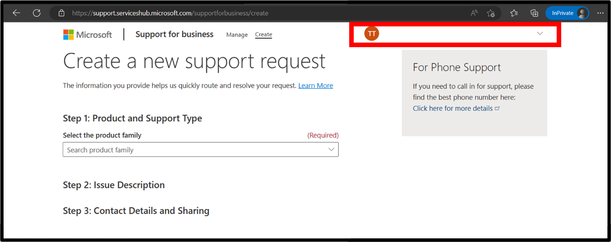 Captura de tela da tela Criar uma nova solicitação de suporte, com a conta de usuário realçada.