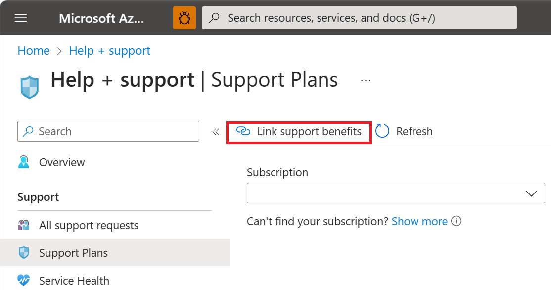 Captura de tela da página Planos de suporte, com os benefícios de suporte de link realçados.