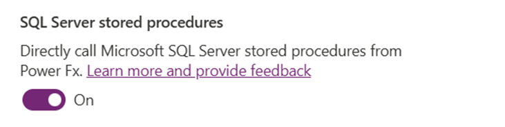 Captura de tela que mostra a alternância de procedimentos armazenados do SQL Server definida como Ativada.