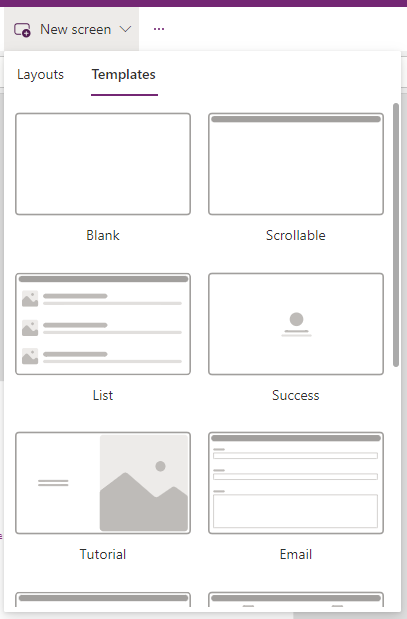 Captura de tela que mostra como escolher um modelo no menu Nova tela