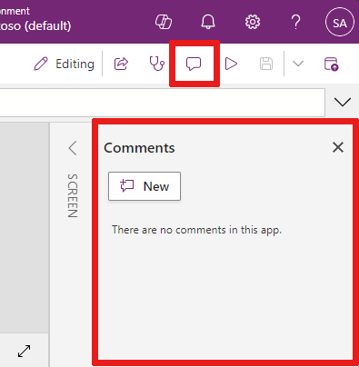 Captura de tela que mostra onde a ação do aplicativo Comentários está localizada e seu menu em que você pode adicionar um novo comentário.
