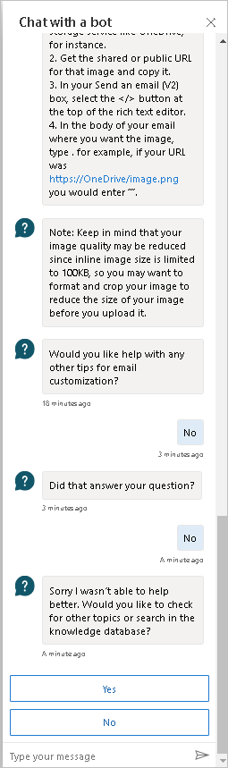 Captura de tela mostrando o chat do bot com a opção de continuar e fazer outra pergunta.