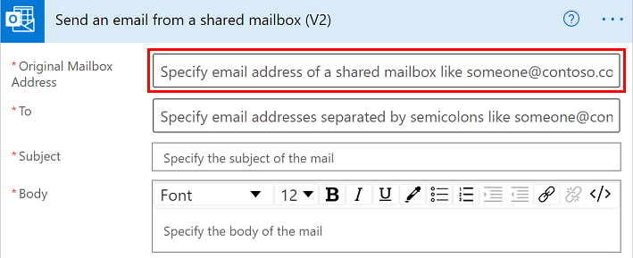 Captura de tela que mostra o cartão Enviar um email de uma caixa de correio compartilhada (V2).