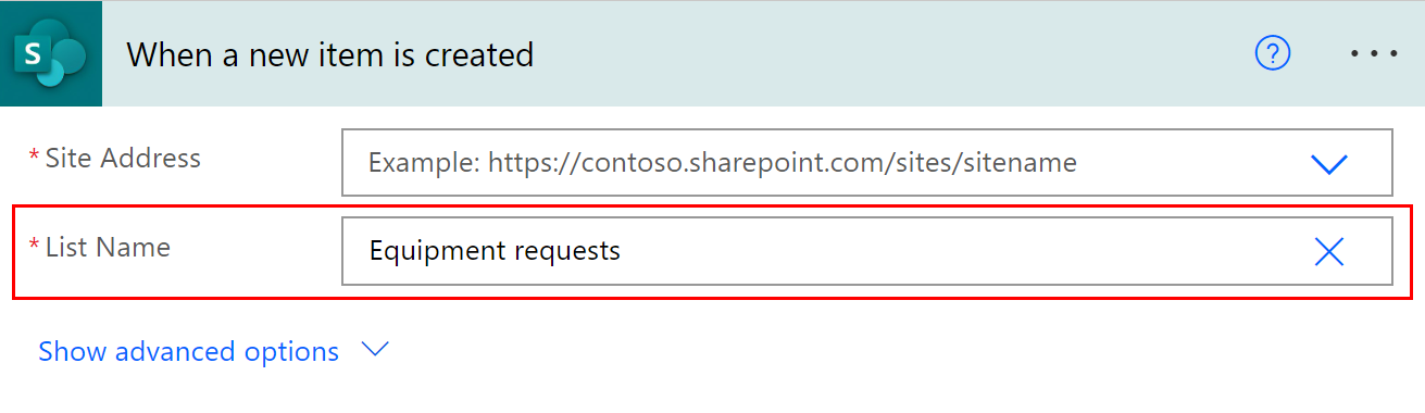 Captura de tela do nome da lista do SharePoint.