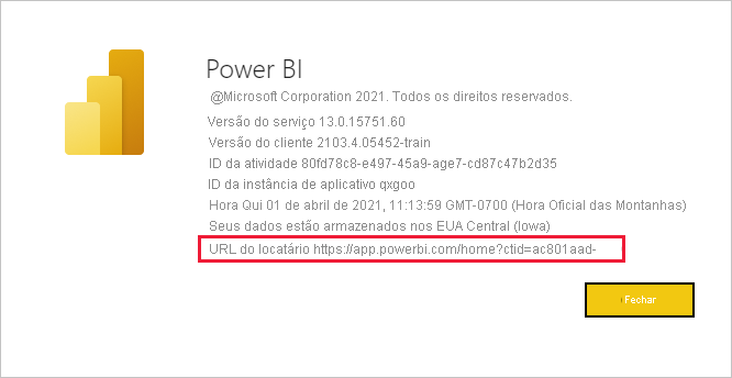 Captura de tela da caixa de diálogo Sobre o Power BI com a URL do Locatário do Usuário Convidado em destaque.
