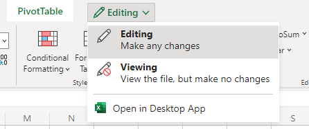 Captura de tela do botão Abrir o aplicativo Excel Desktop para a Web.