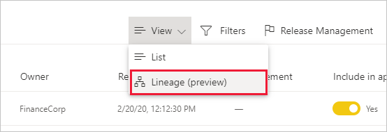 Screenshot of the lineage option in the View dropdown menu.