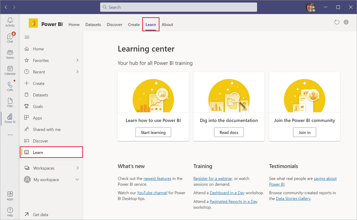 Captura de tela do Centro de Aprendizagem do aplicativo Power BI no Microsoft Teams.