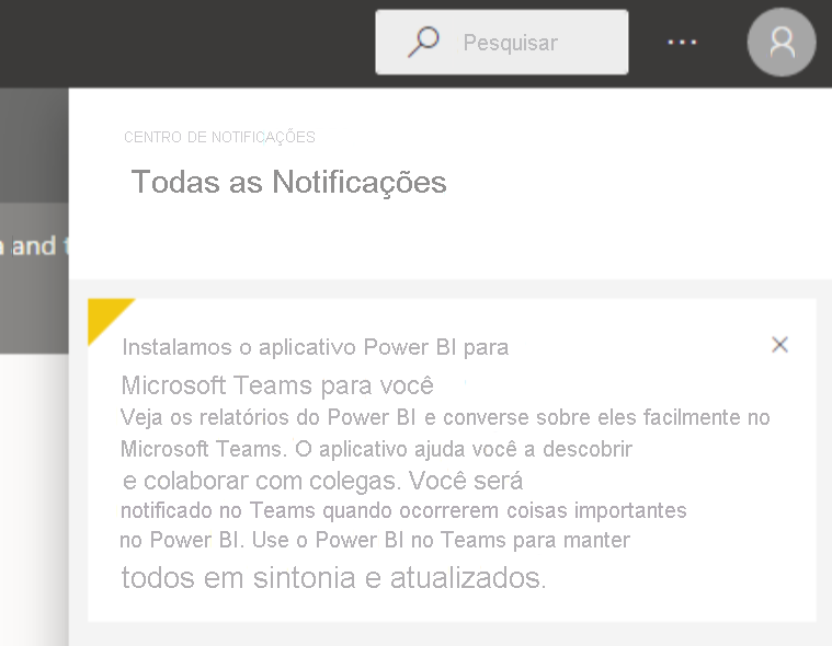 Notificação de que o aplicativo do Microsoft Teams foi instalado automaticamente.