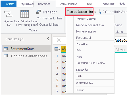 Screenshot of the Power Query Editor, showing the Data type dropdown selection.