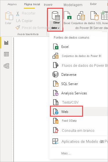 Screenshot of the Get Data ribbon in Power BI Desktop, showing the Web selection.