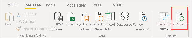 Screenshot of the Home ribbon in Power B I Desktop, showing the Refresh selection.