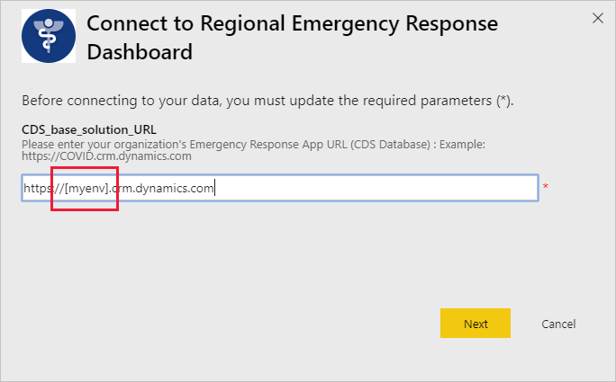 Regional Emergency Response Dashboard app URL dialog