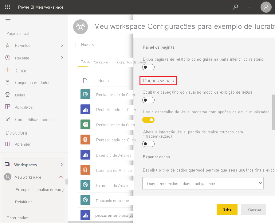 Settings in the Power BI service to use improved visual headers