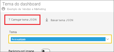 Screenshot of the Dashboard theme window, highlighting the Upload JSON theme option.