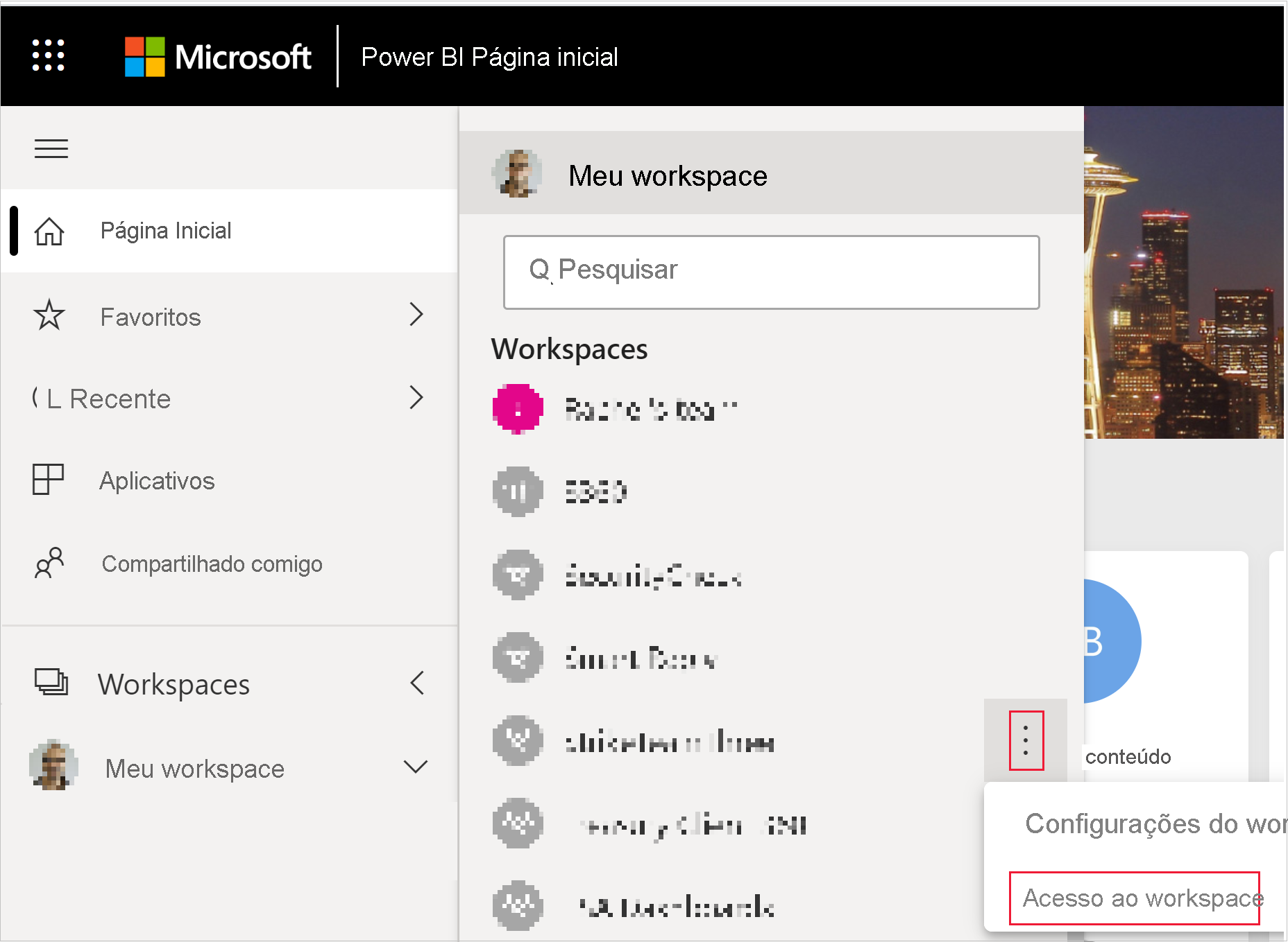 Screenshot that shows the expanded More menu for a workspace. On that menu, Workspace access is highlighted.