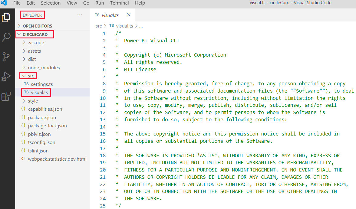 Captura de tela do acesso ao arquivo visual.ts no VS Code.
