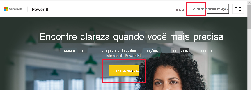 Uma captura de tela do serviço do Power BI mostra o site powerbi.microsoft.com em um navegador da Web.