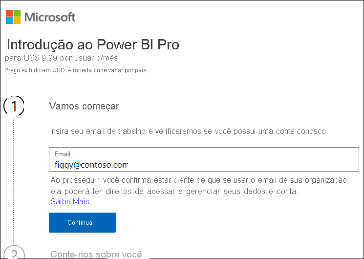 Uma captura de tela da página de entrada para comprar o Power BI Pro.