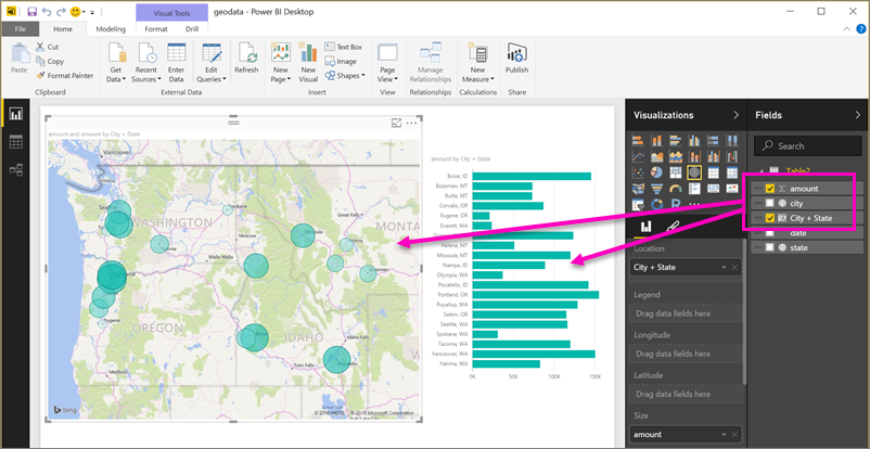 Screenshot of Report view showing a map and a clustered bar chart visual.