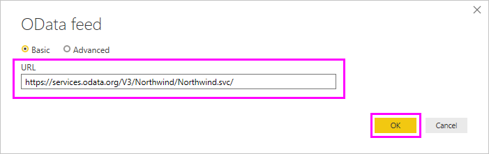 Screenshot that highlights the URL field in the OData feed dialog box.