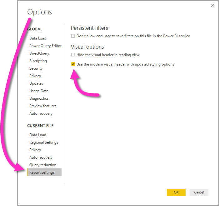 Screenshot of the Options menu, highlighting Report settings and the Use the modern visual header with updated styling options checkbox.