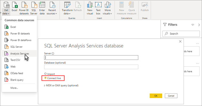 Captura de tela do Power BI Desktop, o Analysis Services está selecionado. Conectar em tempo real está realçado na caixa de diálogo do banco de dados do Analysis Services.