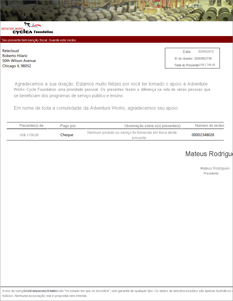 Screenshot of sample Power BI paginated report letter.