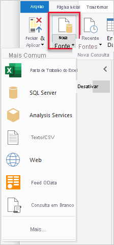 Captura de tela do Power BI Desktop mostrando o botão Nova Fonte.