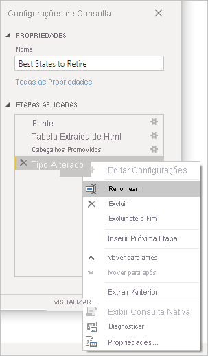 Captura de tela do Power BI Desktop mostrando os filtros Propriedades de Configurações de Consulta e Etapas Aplicadas.