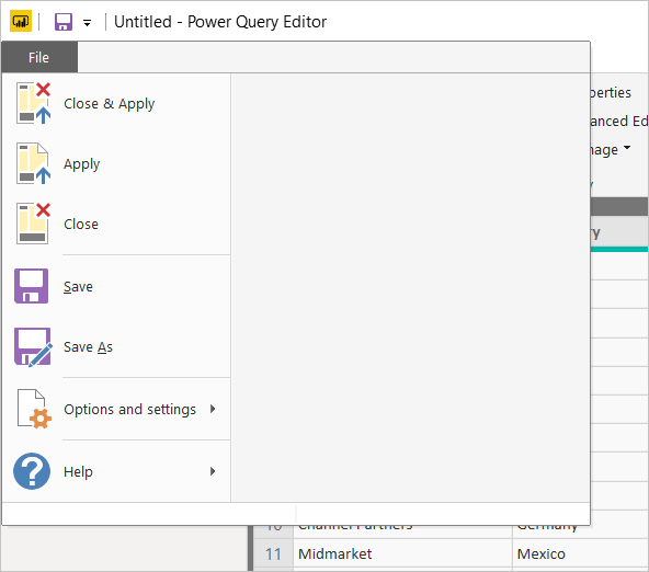 Captura de tela do Power BI Desktop mostrando a guia Arquivo do Editor do Power Query.
