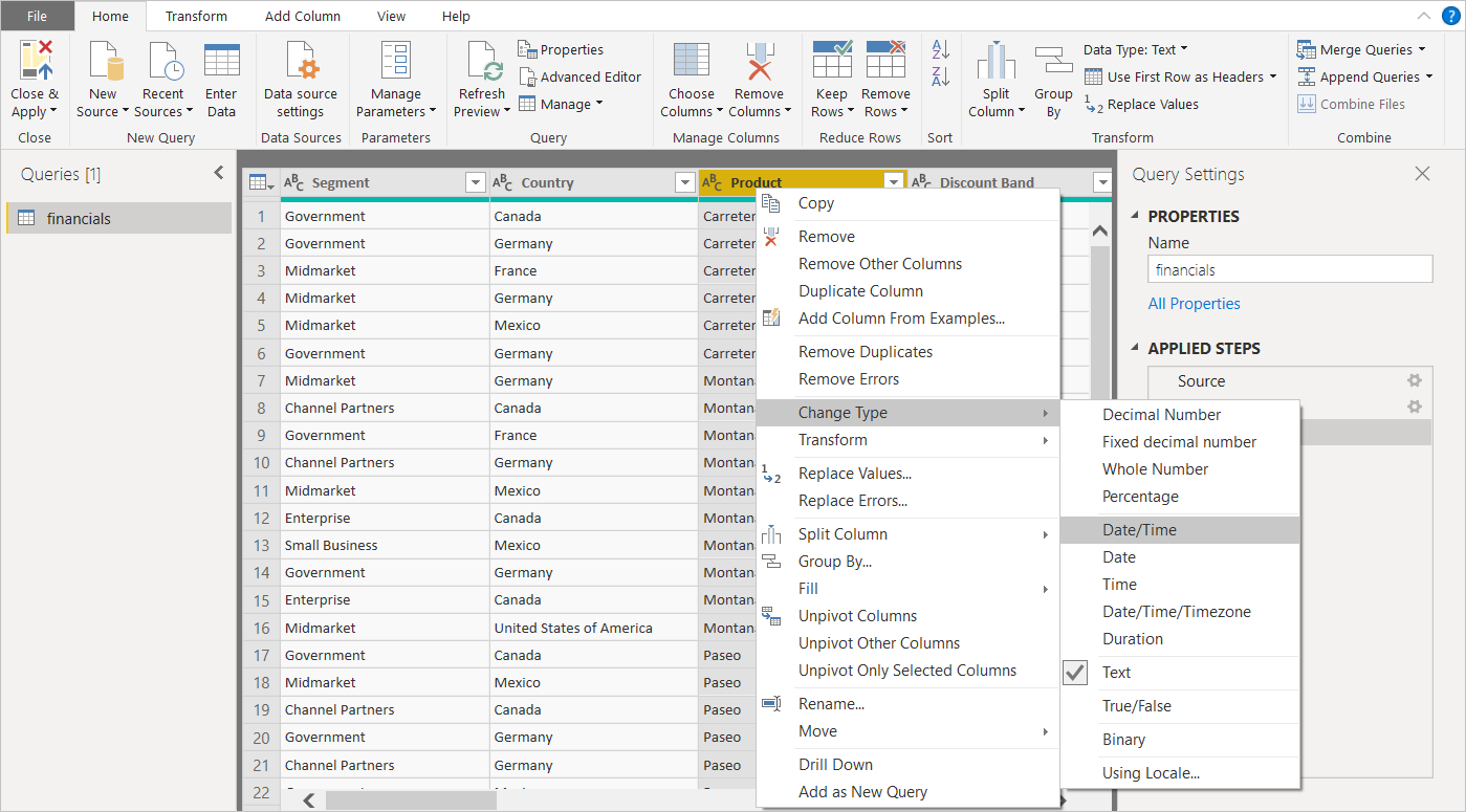 Captura de tela do Power BI Desktop mostrando Dados no painel central.