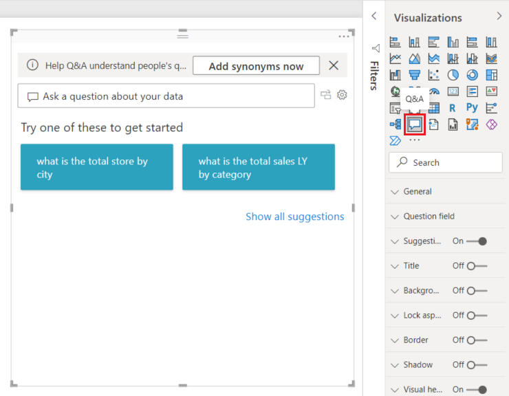Screenshot showing a new Q&A visualization with a question box.