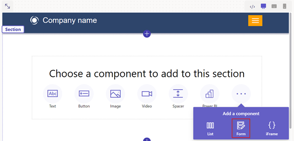 O ícone de formulário na barra de componentes.