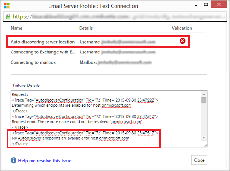 Captura de tela da caixa de diálogo Testar Conectividade com um problema na "Descoberta automática da localização do servidor" e detalhes sobre o erro na caixa Detalhes da Falha.