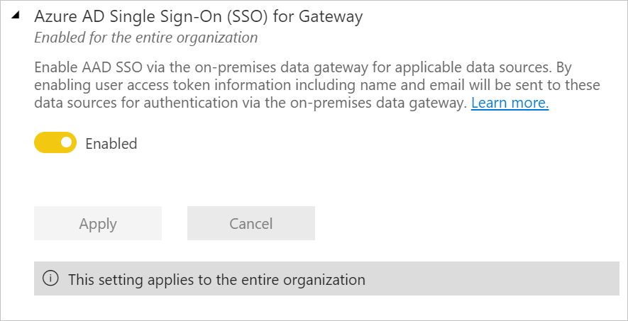 Imagem da caixa de diálogo SSO do Microsoft Entra ID para gateway, com a seleção Habilitado ativada.