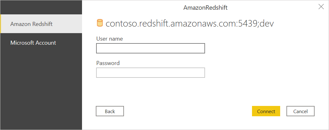 Imagem mostrando a caixa de diálogo de autenticação, com o Amazon Redshift selecionado como o tipo de autenticação.