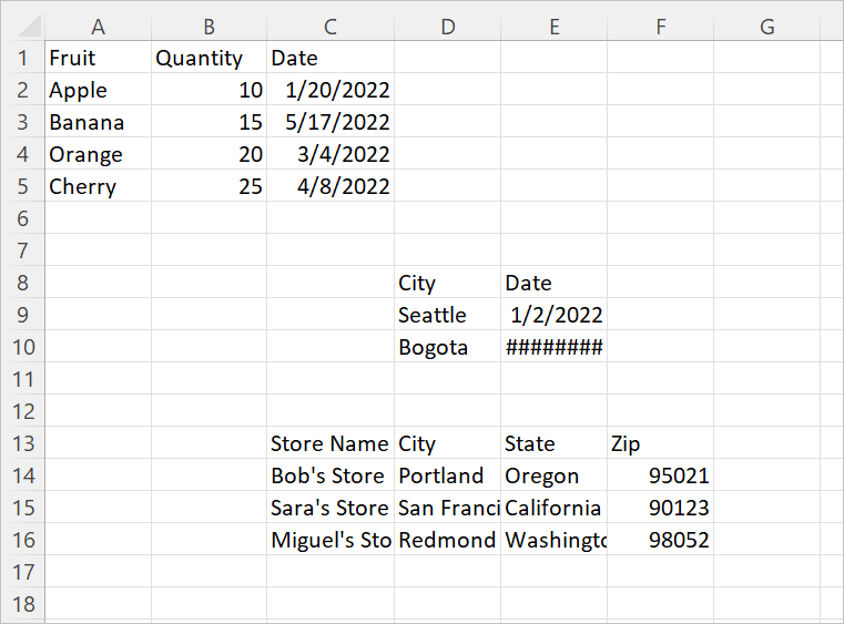 Captura de tela da pasta de trabalho do Excel com três conjuntos de dados.