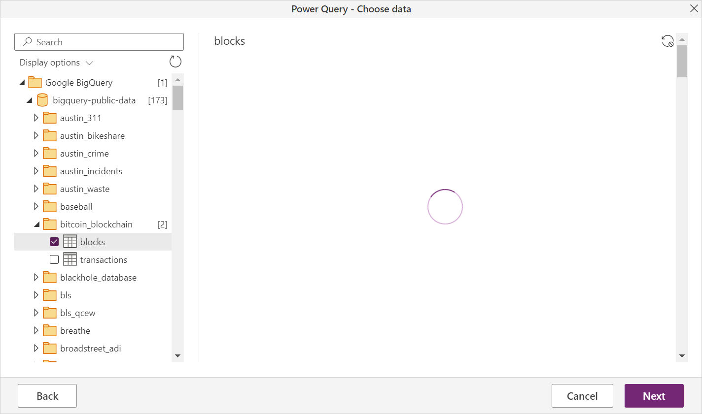 Imagem do navegador do Power Query carregando dados do Google BigQuery para o aplicativo online.