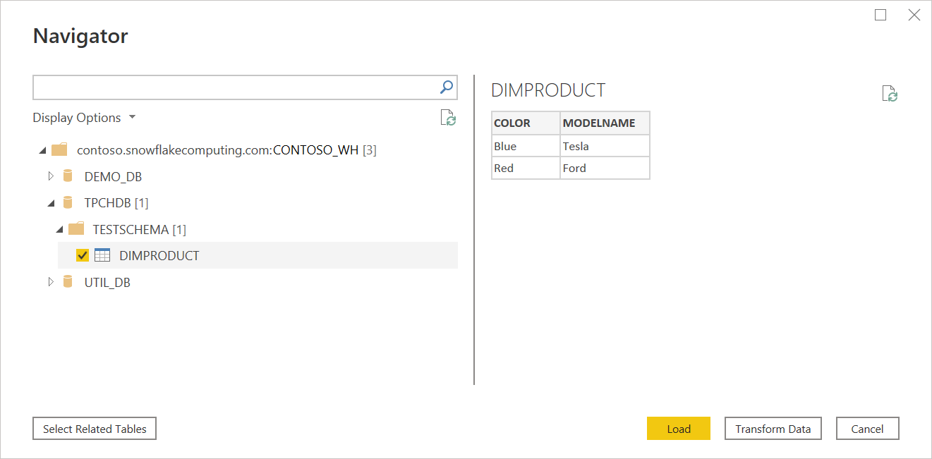 Captura de tela do Navgador com o banco de dados de esquema de teste aberto e a tabela DimProduct selecionada.