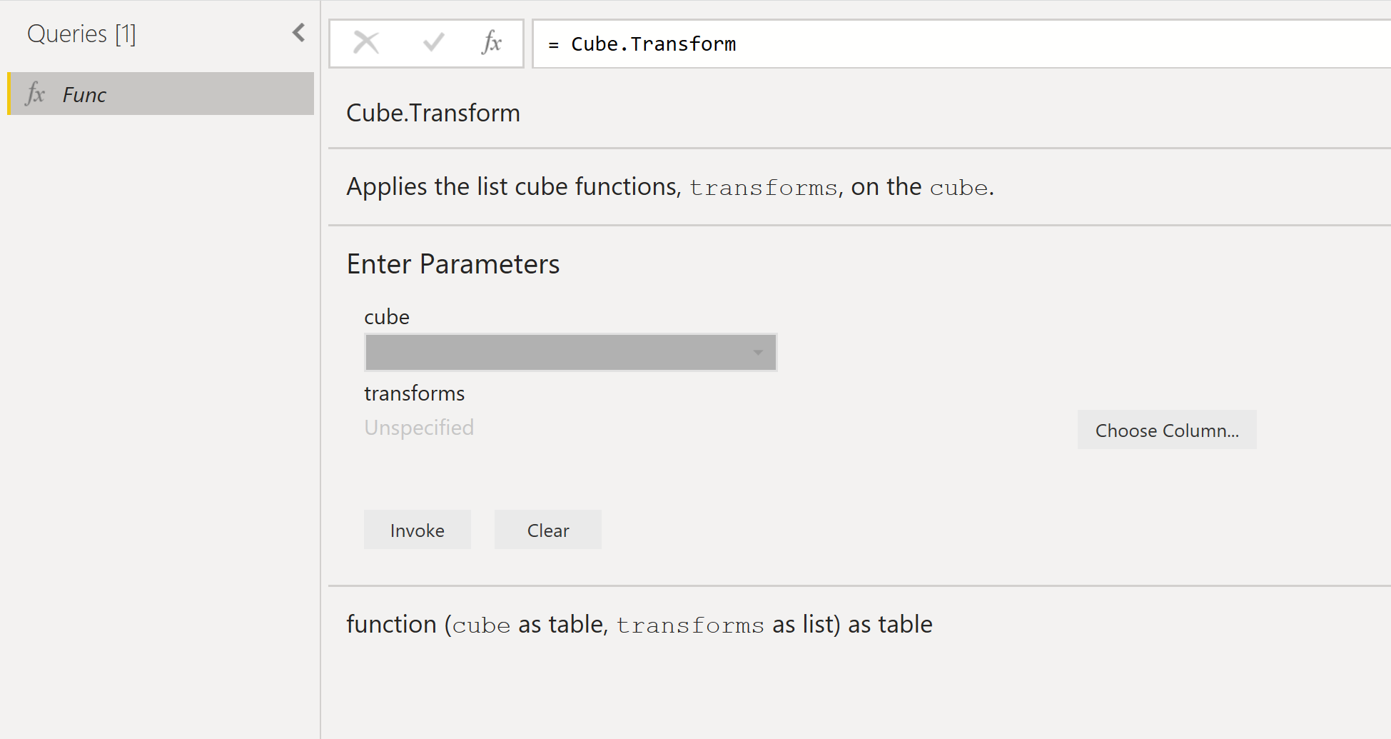 Imagem da caixa de diálogo Criar função, mostrando informações sobre a função Cube.Transform.
