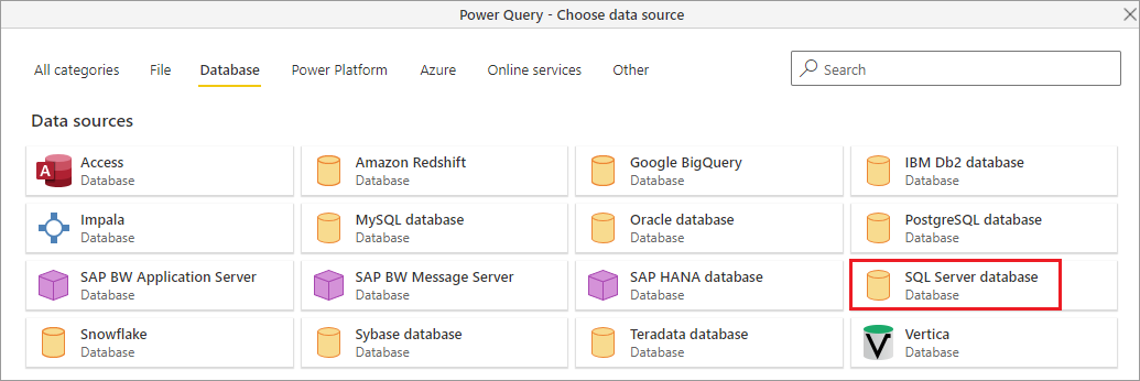 Selecione o banco de dados SQL Server na categoria Banco de dados.